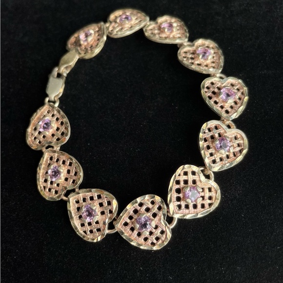 Vintage Sterling Silver Amethyst Heart Link Bracelet - Picture 1 of 8
